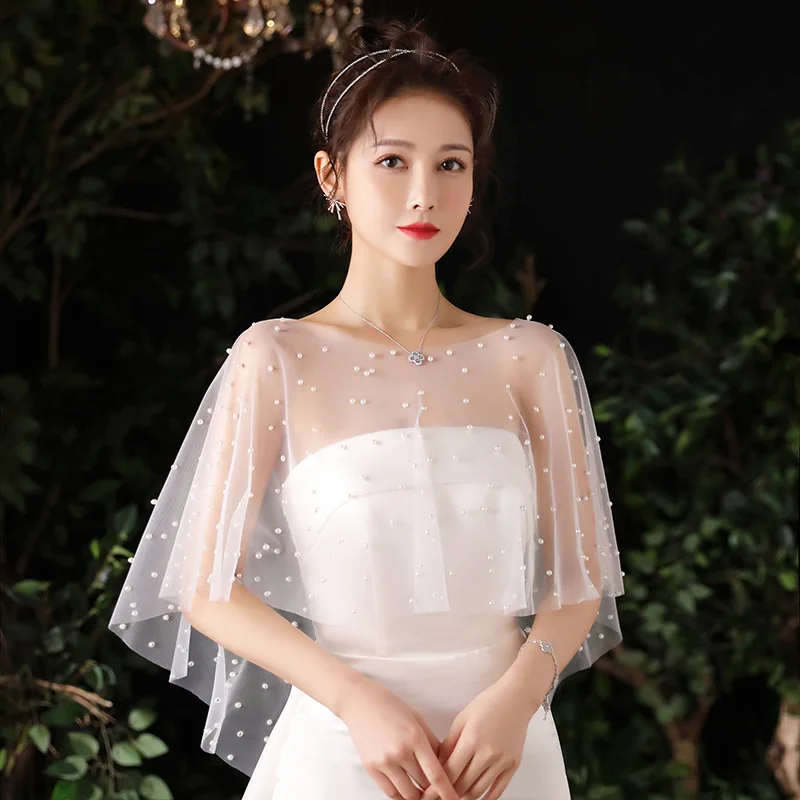 Stunning Pearls Wedding Wraps Soft Tulle Cut Edge High Low Dress Bolero Wedding Accessories chal de fiesta para boda