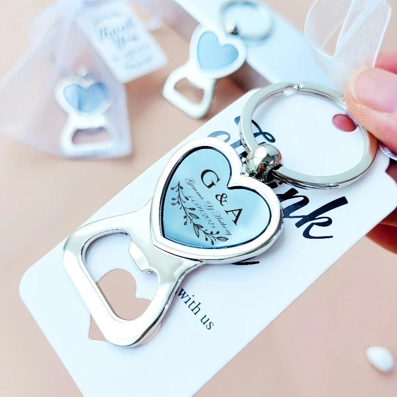 Personalisierter Bierflaschenöffner aus Edelstahl mit Gravur, Schlüsselanhänger, Liebesherz, Schlüsselanhänger, Hochzeit, Party, Geschenk, Gastgeschenk, Öffner mit Taschen