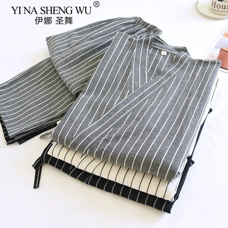 Men's Cotton Kimono Robes Pajamas Clothes Thin Spring and Autumn Streak Black Colors Home Clothes Loose Casual Men Robe Sets