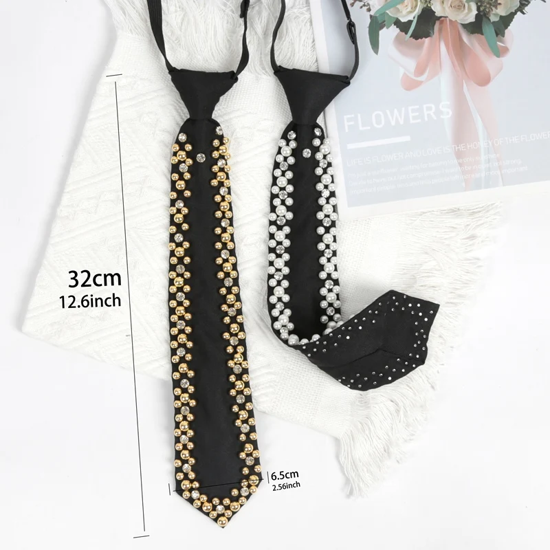 Luxurious Women Popular Shining Pearl Black Tie Trend Style Girls Temperament Clothing Handmade Beaded Necktie  Punk Accessories