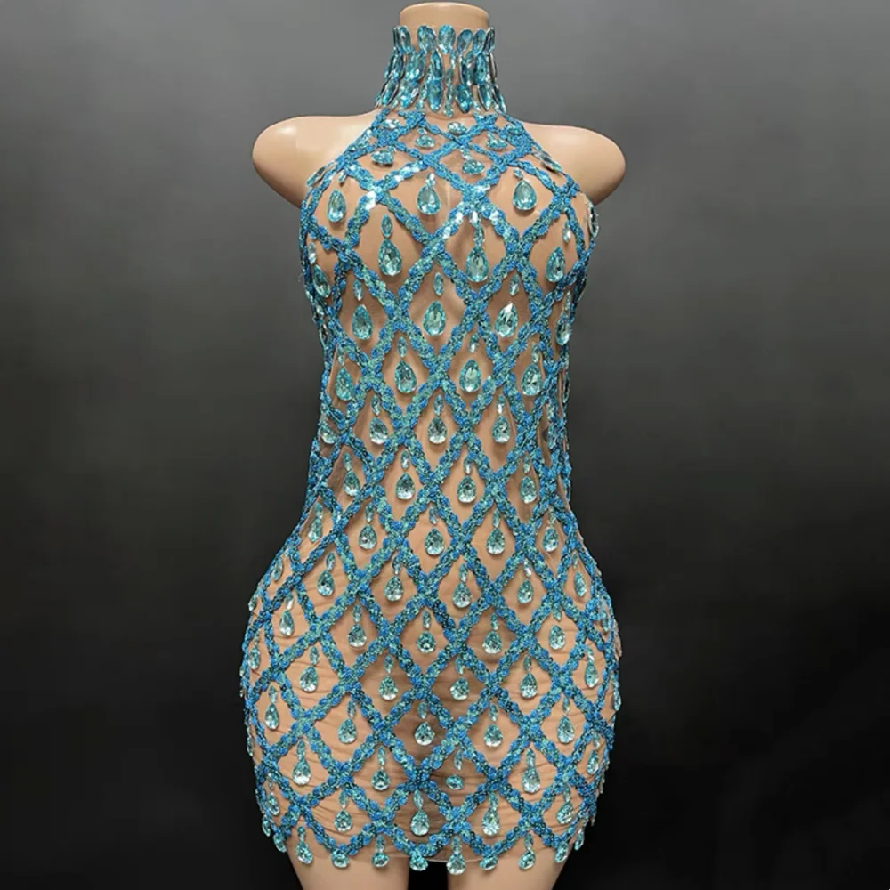 

Высококачественное блестящее женское мини-платье небесно-голубого цвета с открытой спиной и лямкой на шее, облегающее вечернее платье для празднования дня рождения