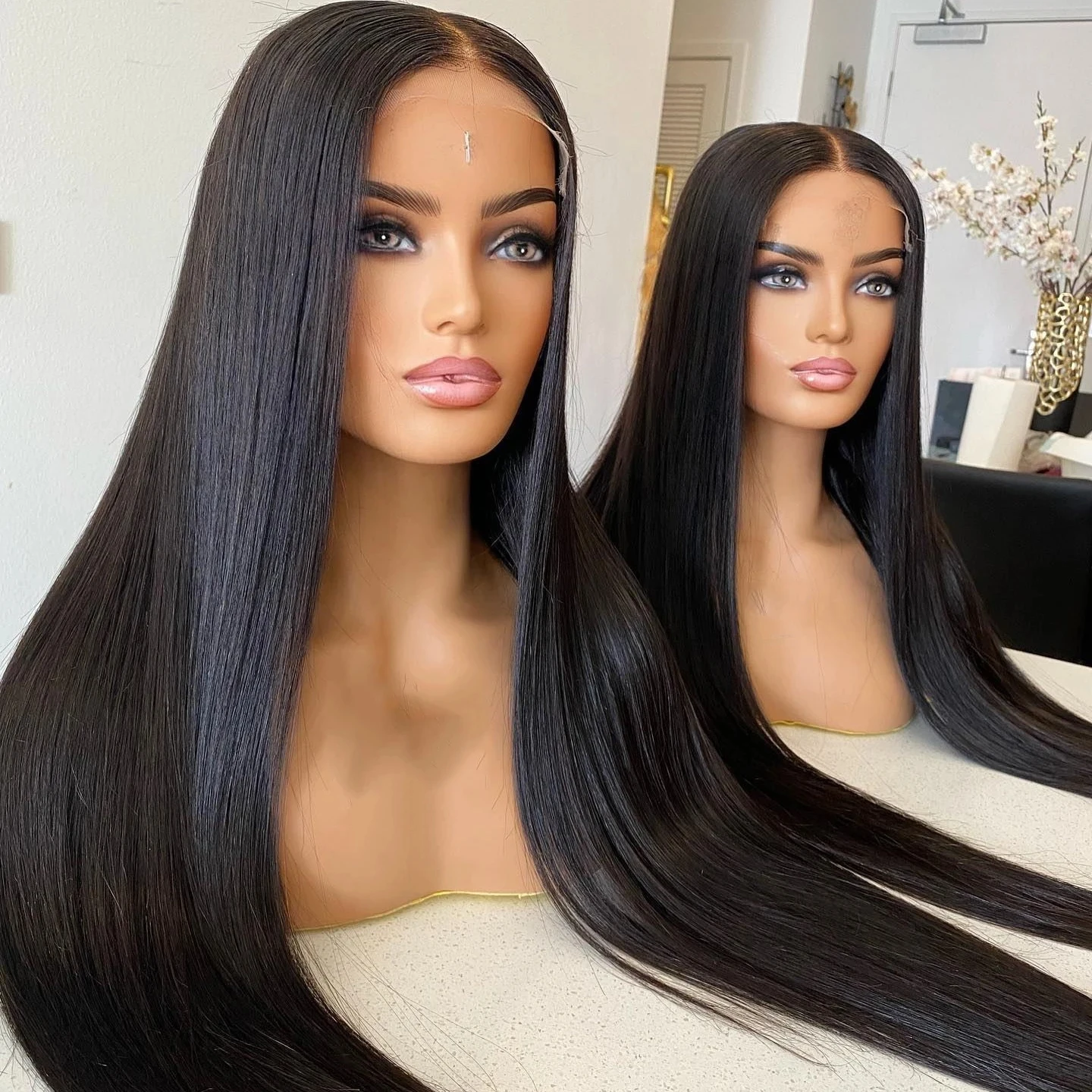 

30 Inch Long Straight Hair Lace Frontal Wig Black Color Heat Resistant 13x4 Lace Front Wig for Women Synthetic Fiber
