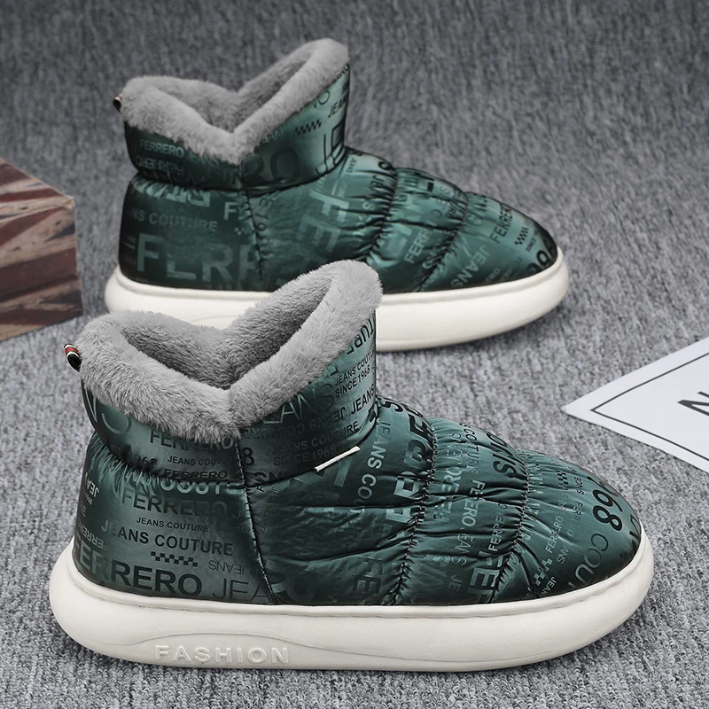 

Fashion Green Letter Men Plush Slipper Winter Warm Men's Slippers Waterproof Slip-on Men Platform Slippers Chinelo De Pelucia