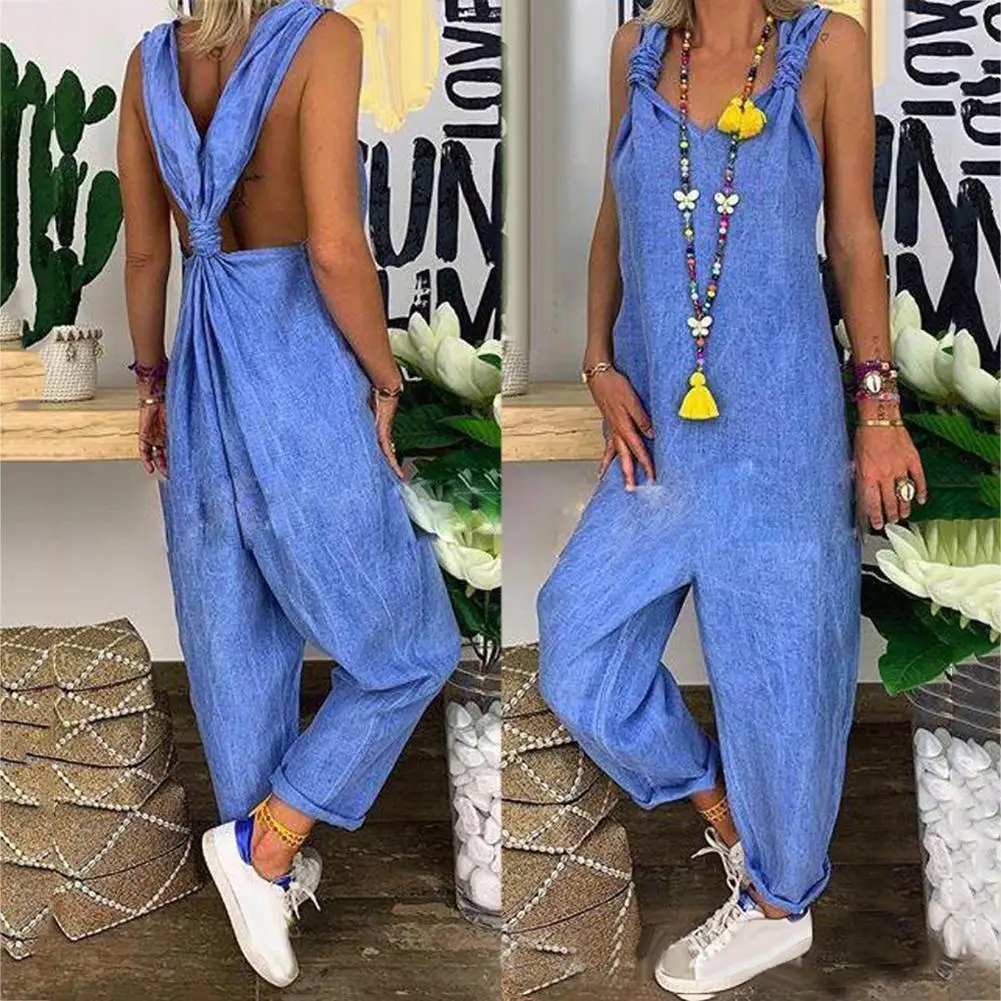 Loose Casual  Linen Print JumpsuitWomen Solid Color Bib Overall Sleeveless Backless Knotted Jumpsuit Dungarees