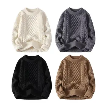 Maglione da uomo con trama a rombo lavorato a maglia girocollo spesso sciolto tinta unita maniche lunghe maglieria elastica maglione scolastico da indossare ogni giorno 1