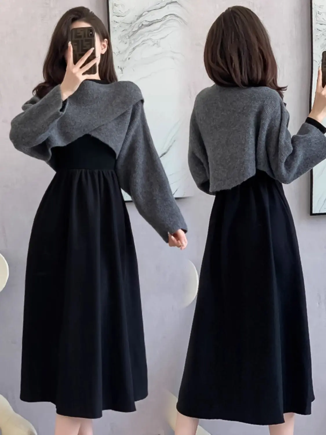 الفرنسية أنيقة كسول نمط قصير محبوك سترة التفاف المرأة الخريف الشتاء جديد ملابس داخلية قاعدة طبقة فستان قطعتين مجموعة