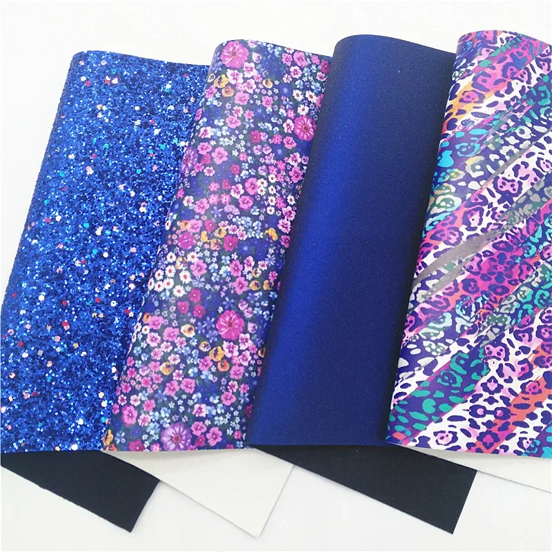 Blue Glitter leathe Flowers Printed Synthetic Leather Metallic Faux Fabric Sprinkls Velvet Fabric For Bows DIY 21x29CM Q404