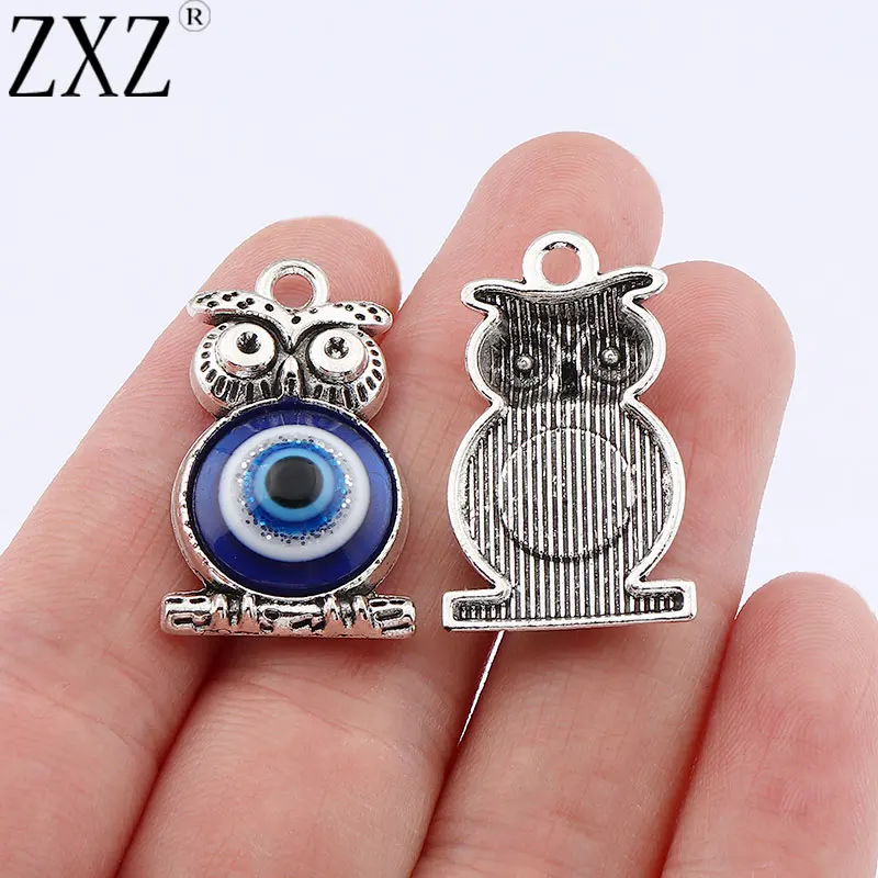 

ZXZ 10pcs Antique Silver Turkish Blue Evil Eye Owl Bird Charms Pendants For Necklace Earrings Jewelry Making Findings 30x18mm
