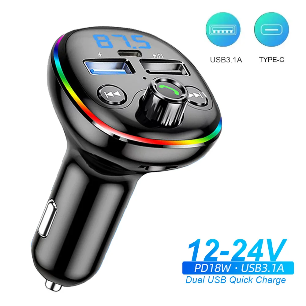 Bluetooth Car FM Transmitter PD Type-C Dual USB Fast Charger Car Adapter Handsfree Radio Modulator MP3 Player Support TF card