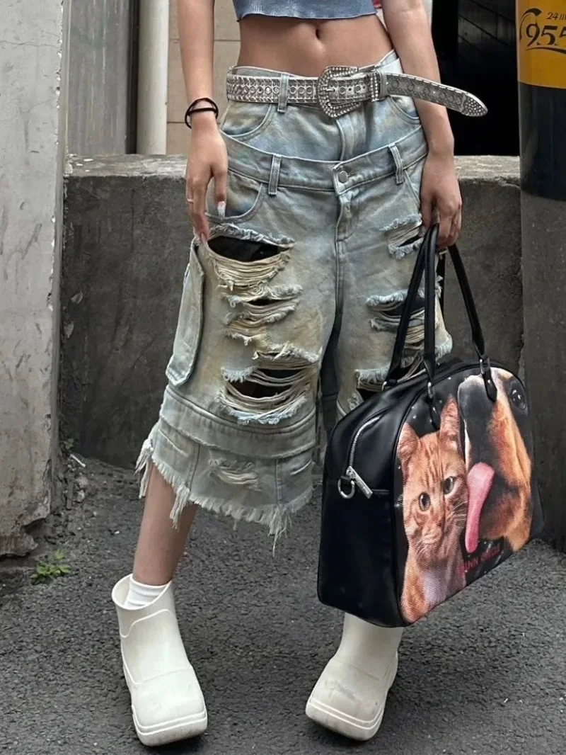 Y2K Fashion New Holes Do Old Washed Baggy Denim Shorts Female Gothic Harajuku Popular Casual Joker High Waist Wide Leg Pants 4