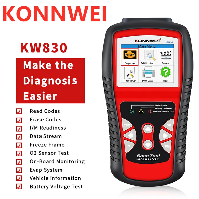 Konnwei Kw850 A + Obd2 Scanner Full Obdii Automotive Professional Code Reader Funzioni Controllo Motore/Sensore O2/Tester Batteria