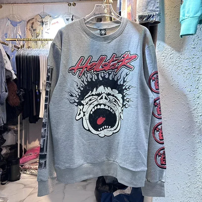 

New Hellstar Cotton Pullover Big Mouth Letter Print Round Neck High Street Black Grey Couple Sports Long Sleeve Pullover