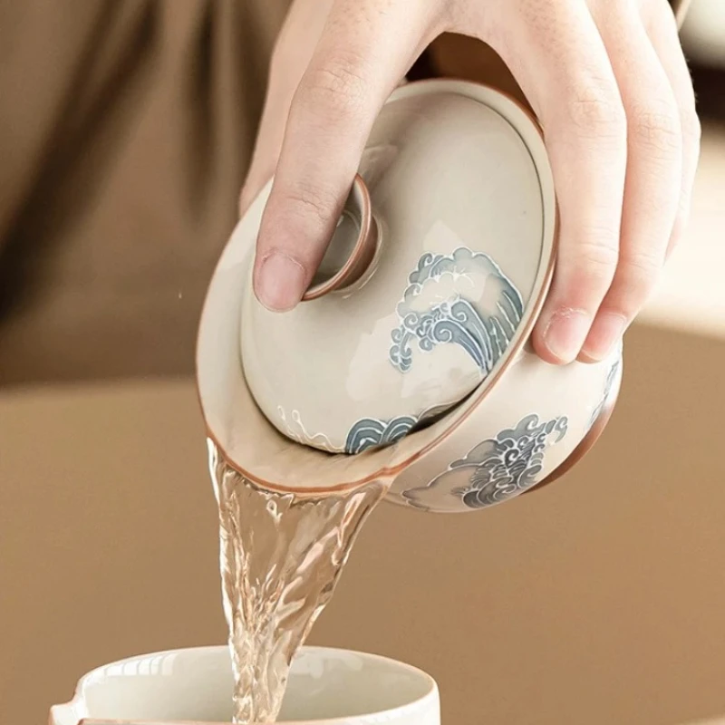 Carved Wave Gaiwan Set Hand Painted Ceramic Gongfu Tea Bowl with Cup Chinese Traditional Teaware for Tea Ceremony Gift Box