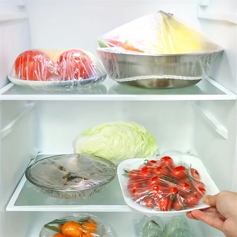 100-Pack Disposable Food-Grade PE Bowl Covers - Stretchable Fresh-Keeping Film for  Refrigerator, Odor-Free Household Use