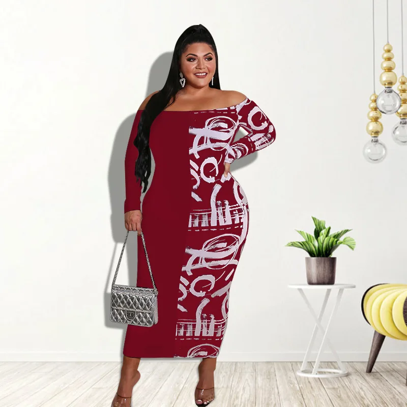 

Plus Size Women's Clothing 2022 Summer New Fashion Sexy Graffiti One Word Neck Ladies Dress XL-5XL Oversized