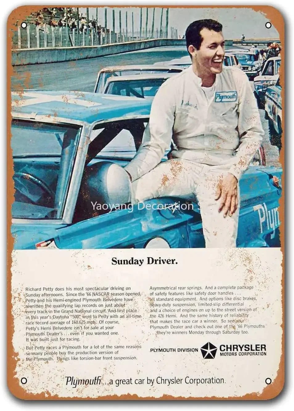 

1966 Richard Petty for Plymouth Vintage Tin Signs Cars, Sisoso Metal Plaques Poster Pub Bar Retro Wall Decor