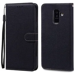 Leather Wallet Flip Case - Elegant Book Cover - Galaxy J8 2018 (Black)