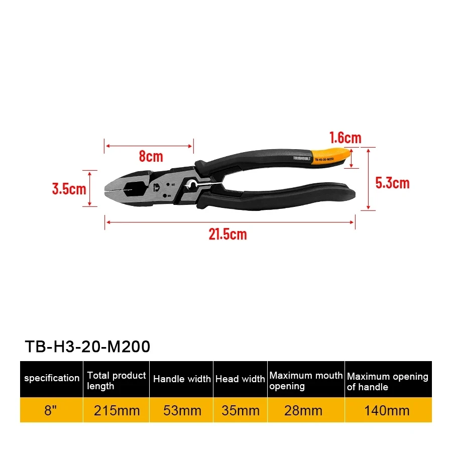 8" Industrial Grade Labor Saving Multi-Functional Flat Cut Wire Pliers Flat-nose pliers Vise Hand Tools TOUGHBUILT TB-H3-20-M200