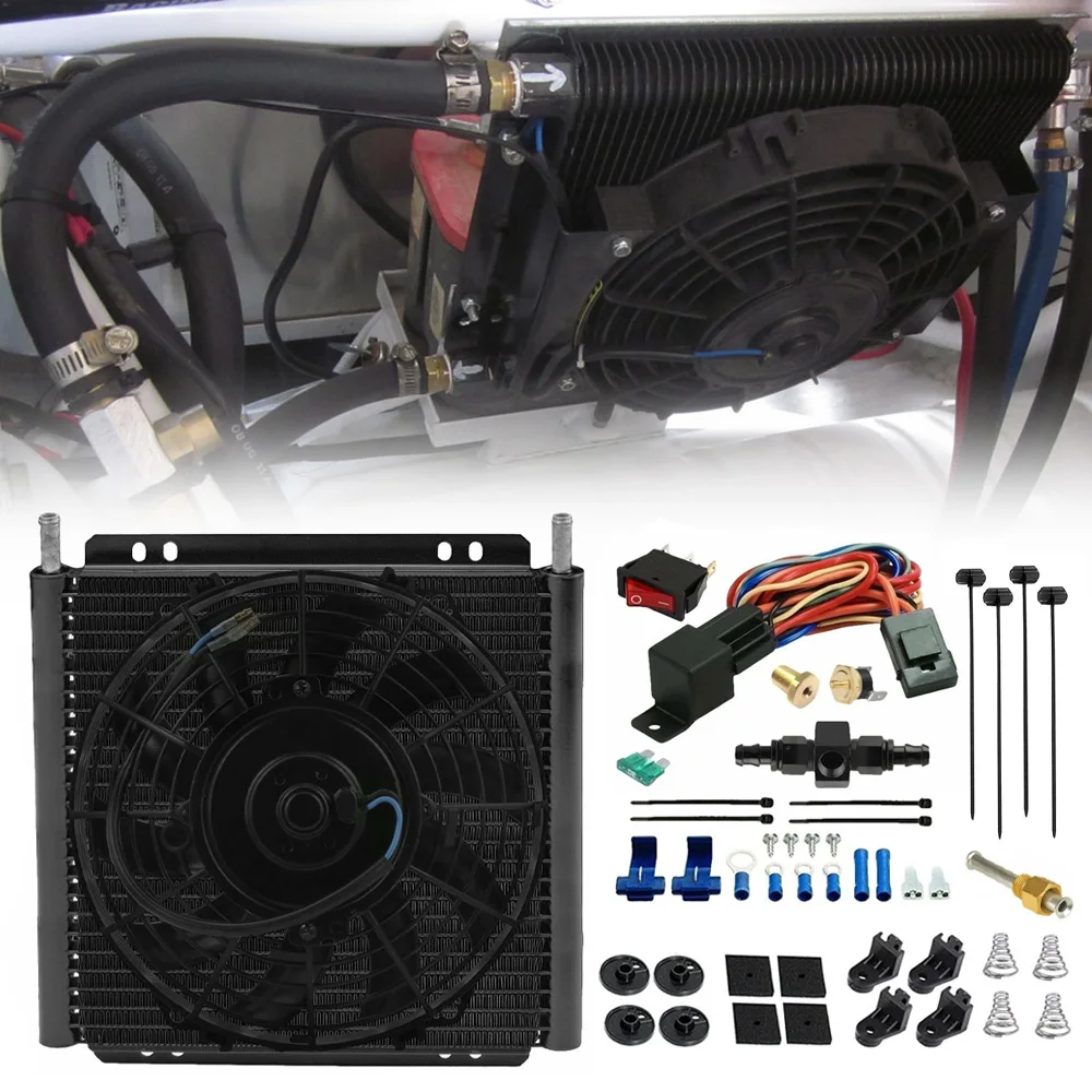 

30 ROW TRANS-MISSION OIL COOLER FAN 6AN IN-LINE HOSE 180'F THERMOSTAT SWITCH KIT