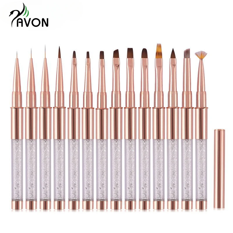 

Hot Sale Rose Gold Acrylic Gel Brush UV Gel Drawing Brushes with Cap Rhinestone Metal Handle Salon DIY Manicure Tools