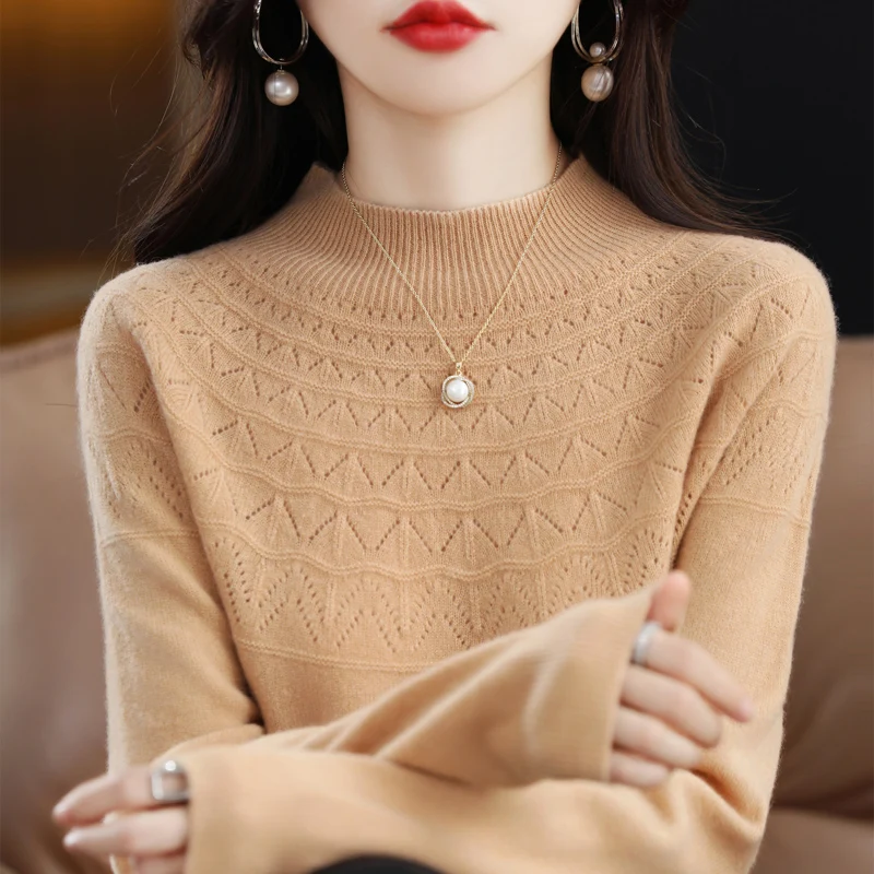 

100% wool cashmere sweater women's sweater semi-high neck hollow long-sleeved pullover warm fashion pullover in autumn and winte