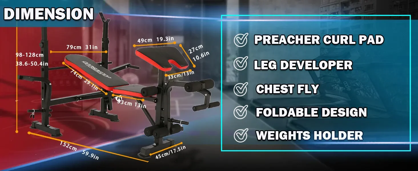 Description Picture 3 of itemAQOPPSDECOR 600lbs 6 in 1 Weight Set Squat Adjustable Workout Bench with Leg Developer Preacher Curl Rack Fitnes