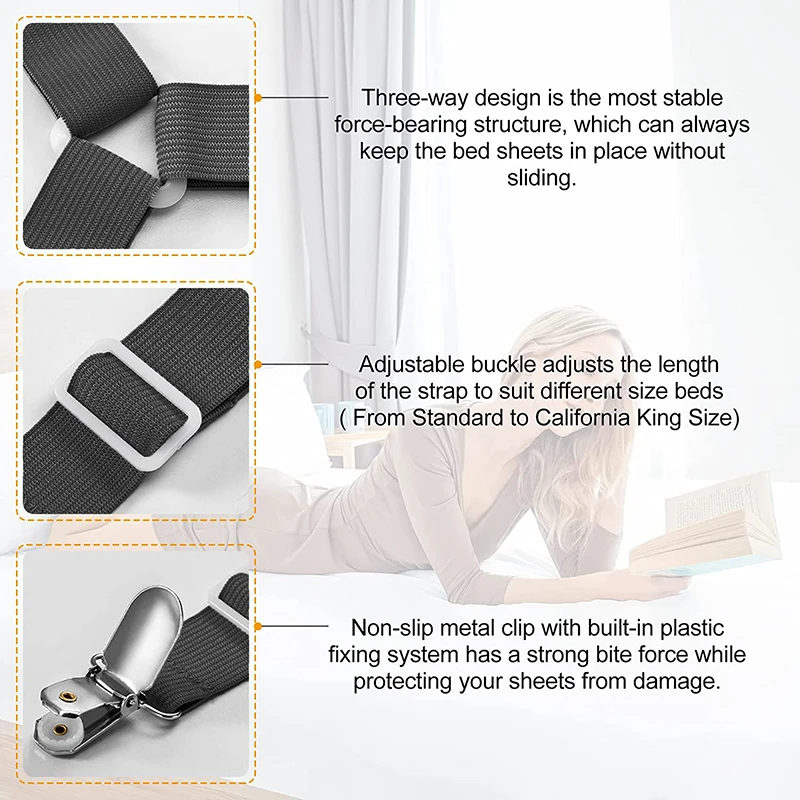 6 Sides Heavy Duty Triangle Bed Sheet Clip, Adjustable Elastic Sheet Straps  Suspenders Gripper Fastener Holder, Triangle Crisscross Bed Sheet Clips,fi