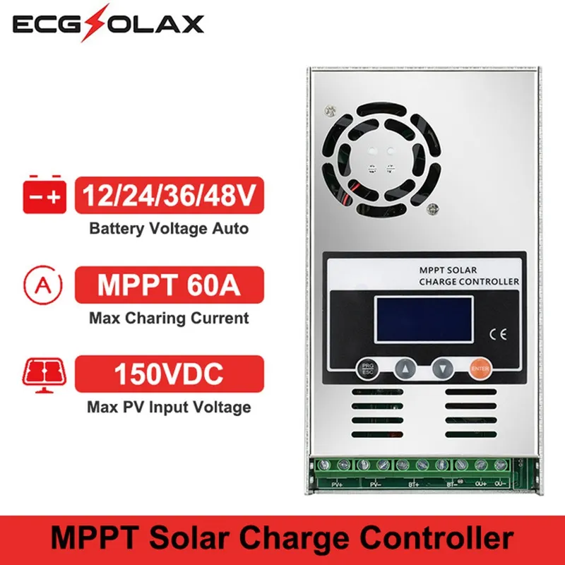 controlador carga solar, ECGSOLAX regulador carga solar mppt, regulador de carga  solar 12v 60A, LCD, Max, PV, entrada de 150VDC, 12V, 24V, 36V, 48V,  regulador carga solar 12v, regulador solar,controlador de carga