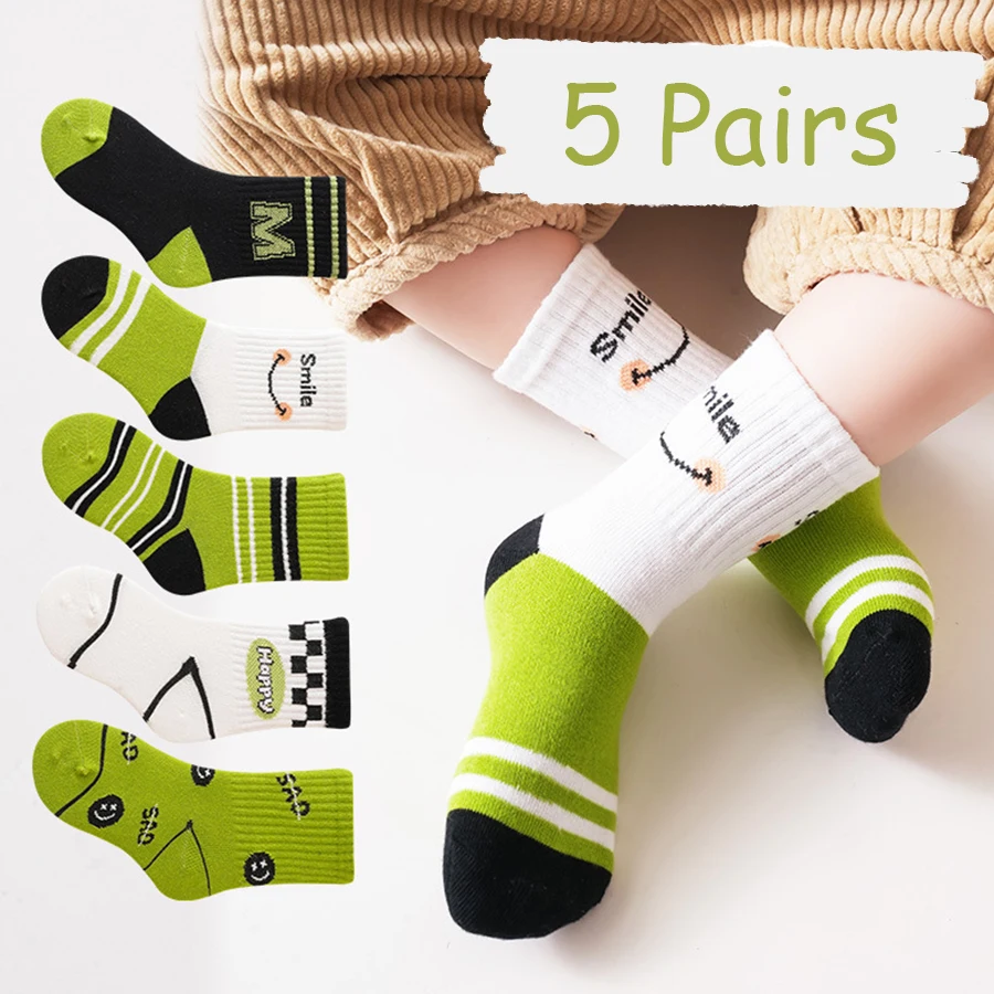 5 Pairs/Lot Children's Socks Autumn Winter Green Letters Korean ins Style Boys And Girls Socks Casual Comfortable Kids