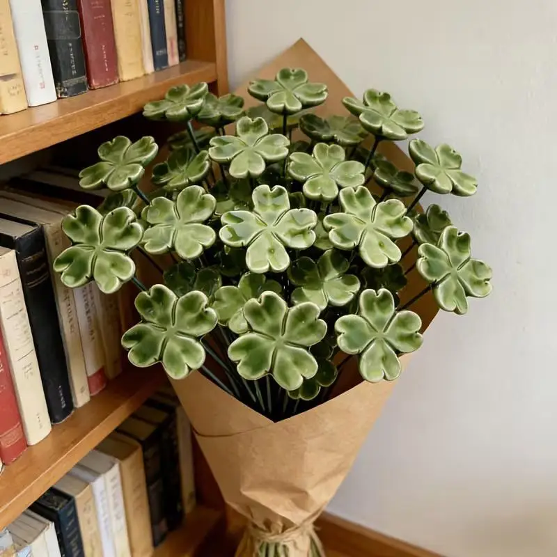 Four-Leaf Clover Eternal Ceramic Flowers - Symbol of Luck, Hope, Faith & Love Home Decor
