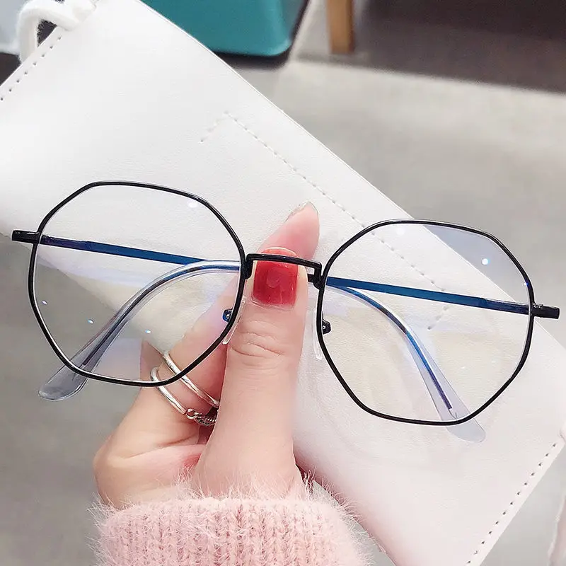 Retro Unisex Polygon Anti Blue Light Glasses Metal Frame Flat Ocular Fashion Comfortable Transparent Spectacle for Women Men