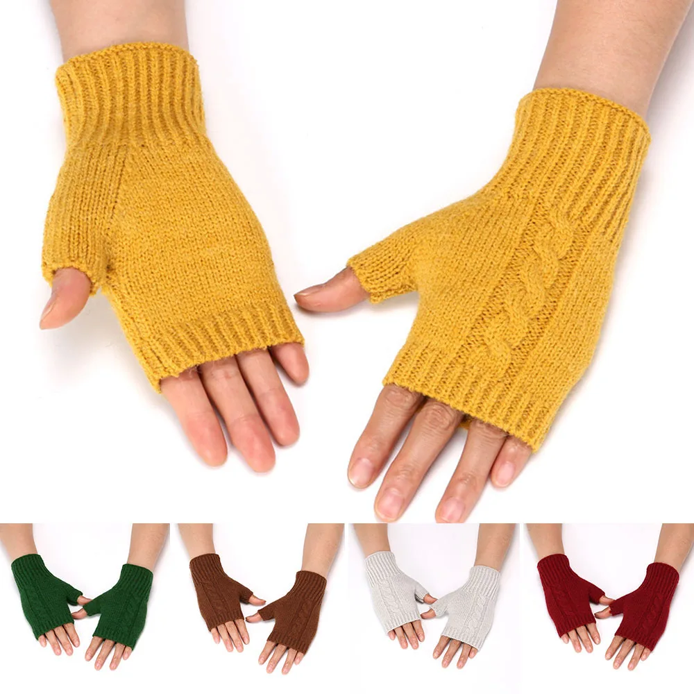 

New Winter Autumn Women Men Warm Fingerless Knitted Wool Gloves Solid Color Stretch Mittens Exposed Finger Short Cashmere Gloves