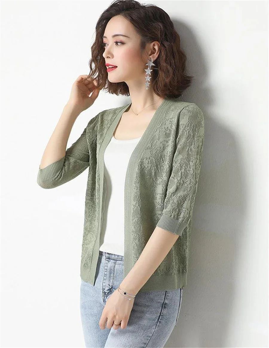 Summer Oversized Knit Cardigan Jackets Half Sleeve Lace Knitwears Coats Korean Elegant Trendy Hollow Out Sunscreen Tops