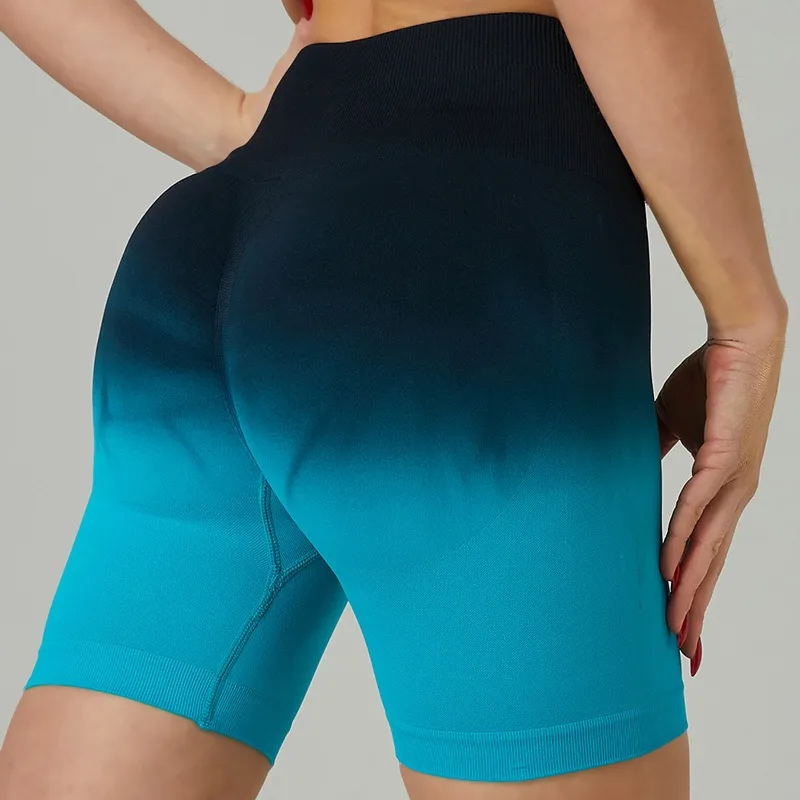 Gradient Colour Wide Waist Sports Shorts Women Slim Workout Running Yoga Shorts Seamless Push Up Tights