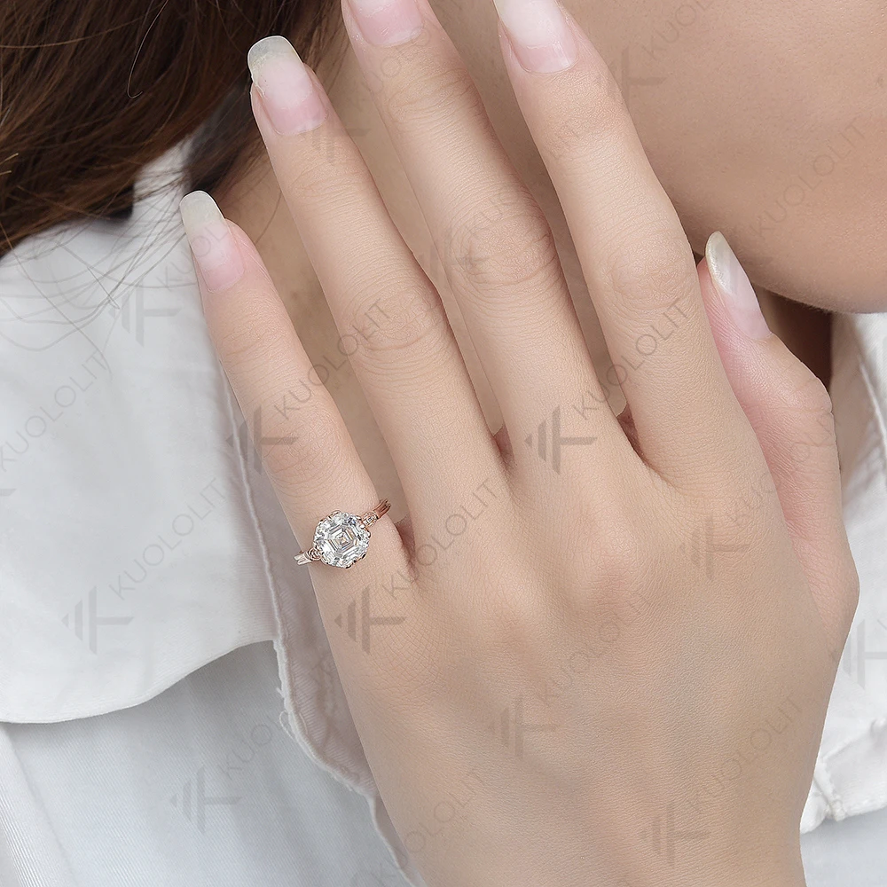Kuololit 2.5ct Asscher Cut Moissanite Rings for Women PT950