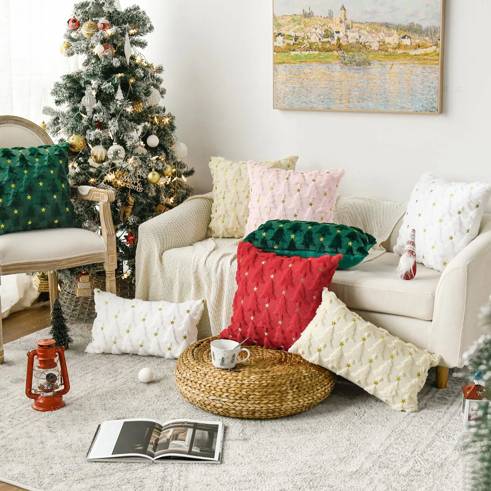 크리스마스 트리 쿠션 케이스 귀여운 18x18 인치 2개 세트 마치 홀리데이 홈 야외 장 쿠션 커버