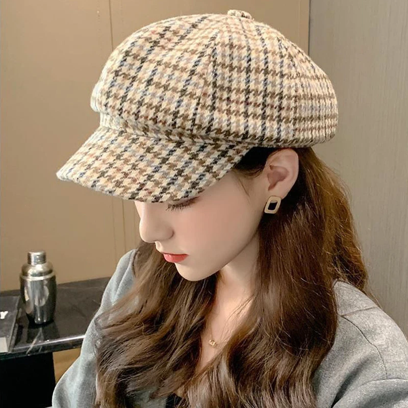 Autumn Winter Women's Wool Hat Beret Plain Octagonal Newsboy Cap