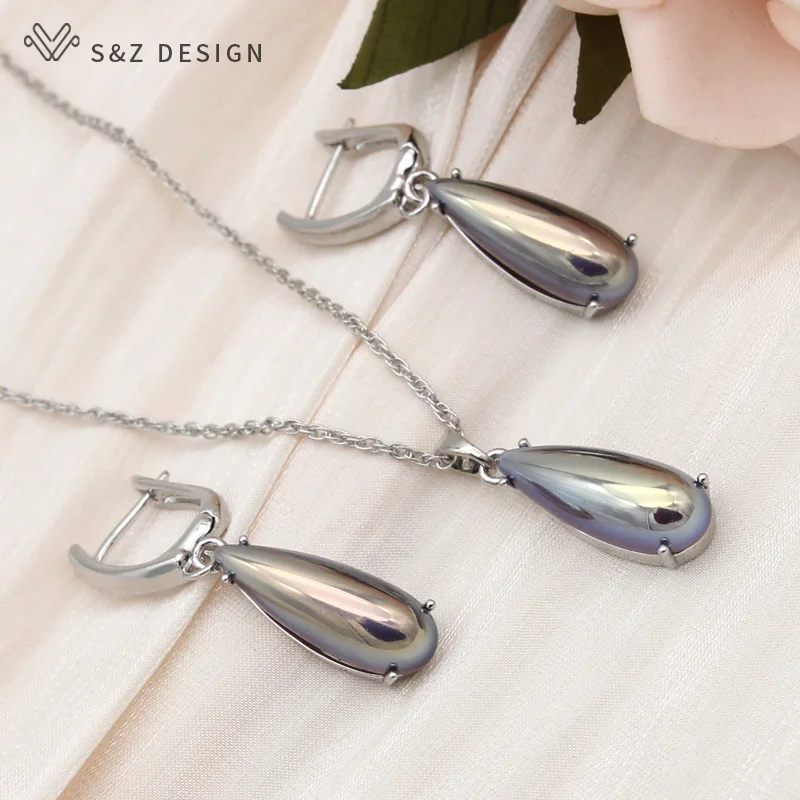 S&Z DESIGN New Fashion Water Drop Simulated-pearl Dangle Earrings Jewelry Sets For Women Wedding 585 Rose Gold Color Necklace