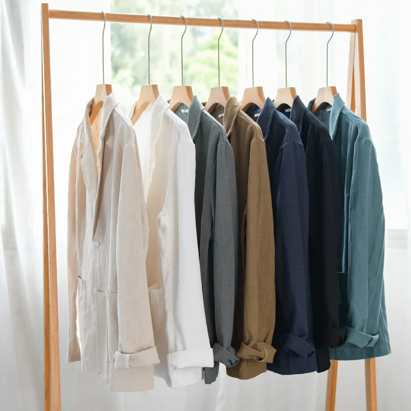 Mens Blazer Spring Striped Casual Linen Jackets For Men Clothing Loose Simple Streetwear