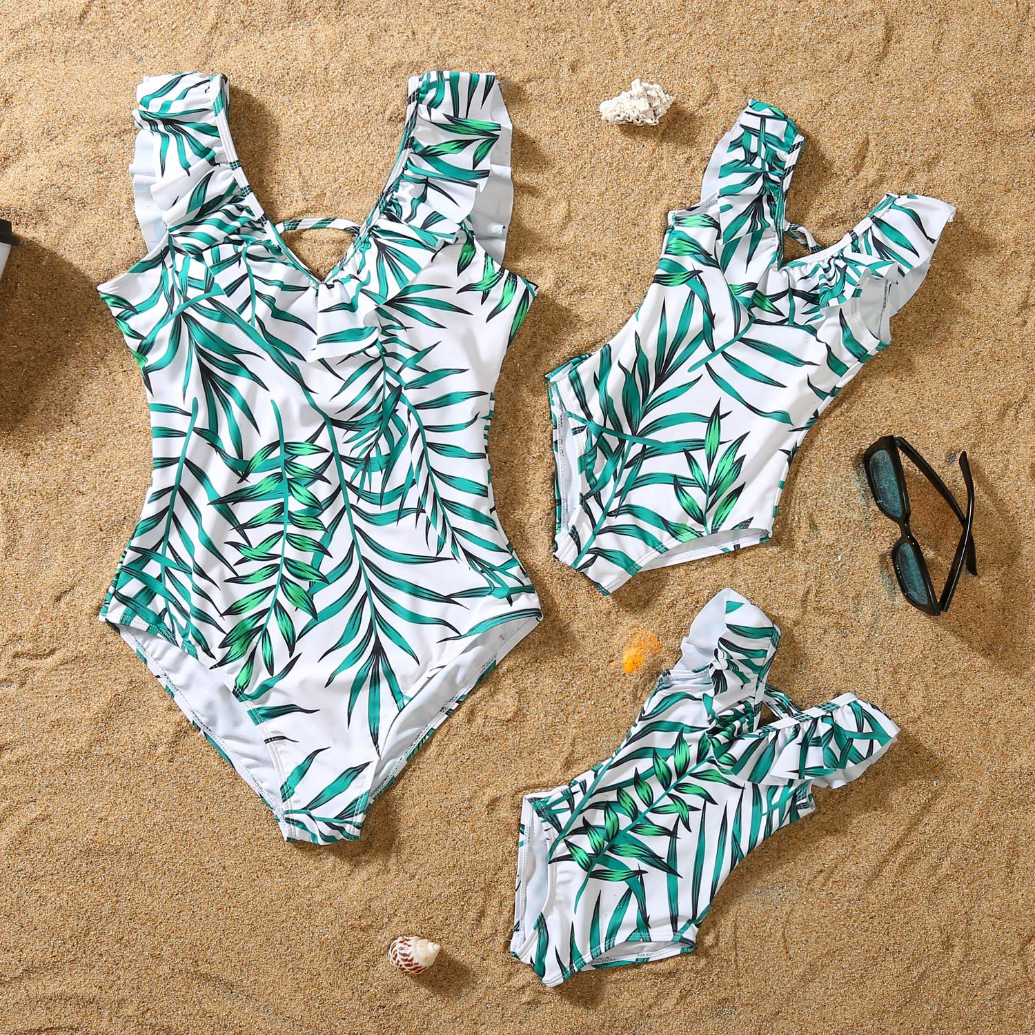 New Family Matching Outfits Leaf Printed Matching Swimsuit Family Look Floral Full Print Multi-color One-piece Matching Swimwear - 2