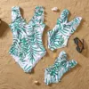 New Family Matching Outfits Leaf Printed Matching Swimsuit Family Look Floral Full Print Multi-color One-piece Matching Swimwear 2