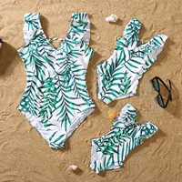 New Family Matching Outfits Leaf Printed Matching Swimsuit Family Look Floral Full Print Multi-color One-piece Matching Swimwear 2