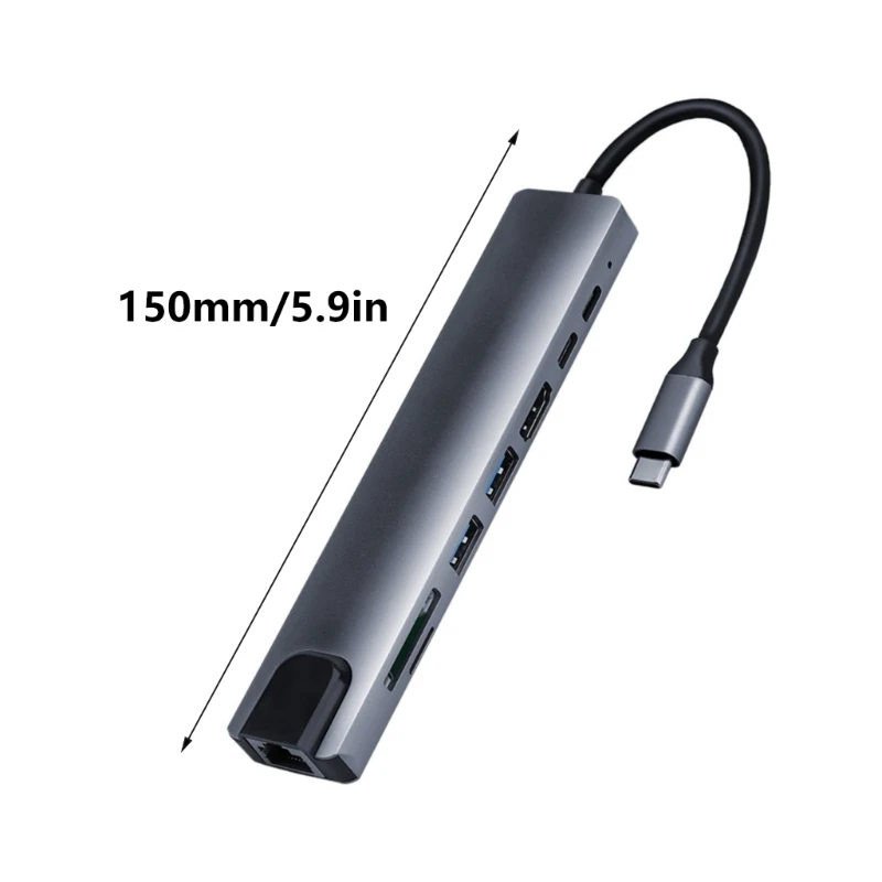 8 in 1 Multiport Adapter with Gigabit Ethernet Type-C USB Port Card Reader 601E