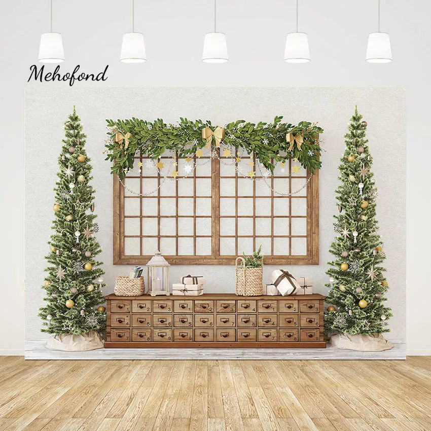 

Mehofond Christmas Backdrop for Photography Wooden Cupboard Xmas Family Holiday Party Family Portrait Background Decor Photozone