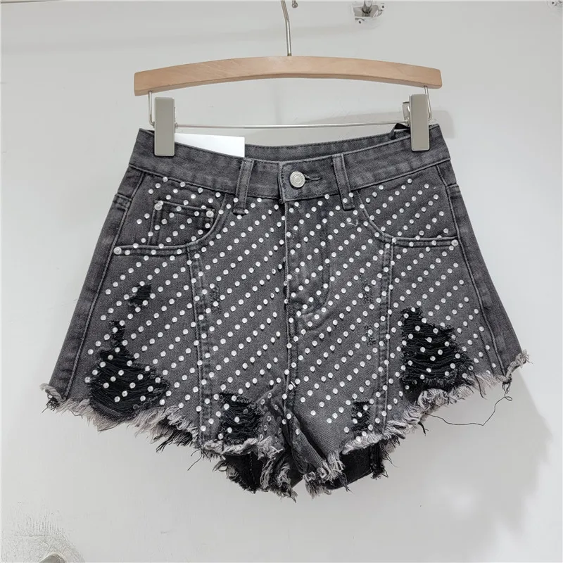 Heavy Embroidery Diamond Drills Denim Shorts Women's 2024 Summer High Waist Slimming Hot Girl Ripped Raw Hem Wide Legs Hot Pants
