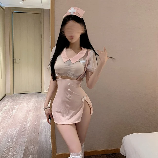 Sexy Dessous für Damen, erotische Krankenschwester-Cosplay-Kostüme, Spitze, durchsichtiges Paket, Hüfte, offener Schlinge, Krankenschwesterrock, Nachtclub, Bar-Uniform-Set 1