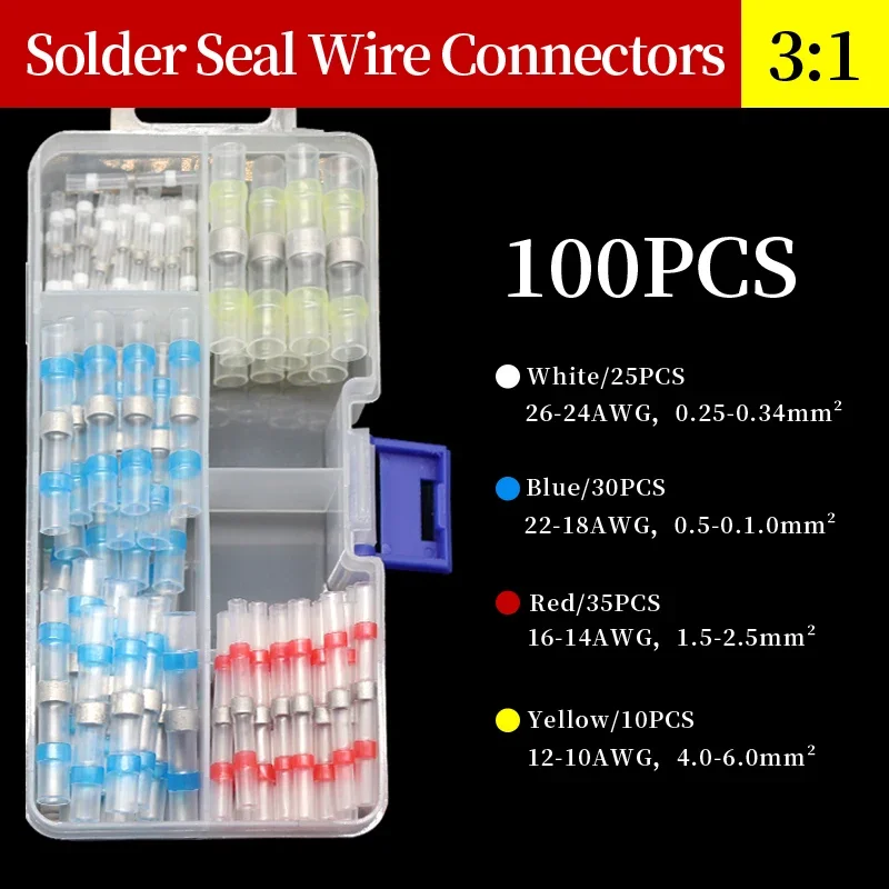 50 ~ 500Pcs connettori per filo di tenuta a saldare in scatola 1: 1 terminali per cavi elettrici isolati termorestringenti connettore di giunzione di testa impermeabile
