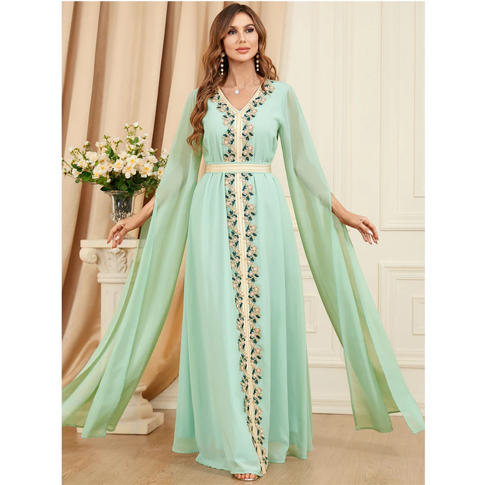 

Chiffon Embroidery Full Sleeve Women Muslim Prom Evening Dresses with Cape Sleeve Arabic Dubai Hijab Formal Party Gowns Robe