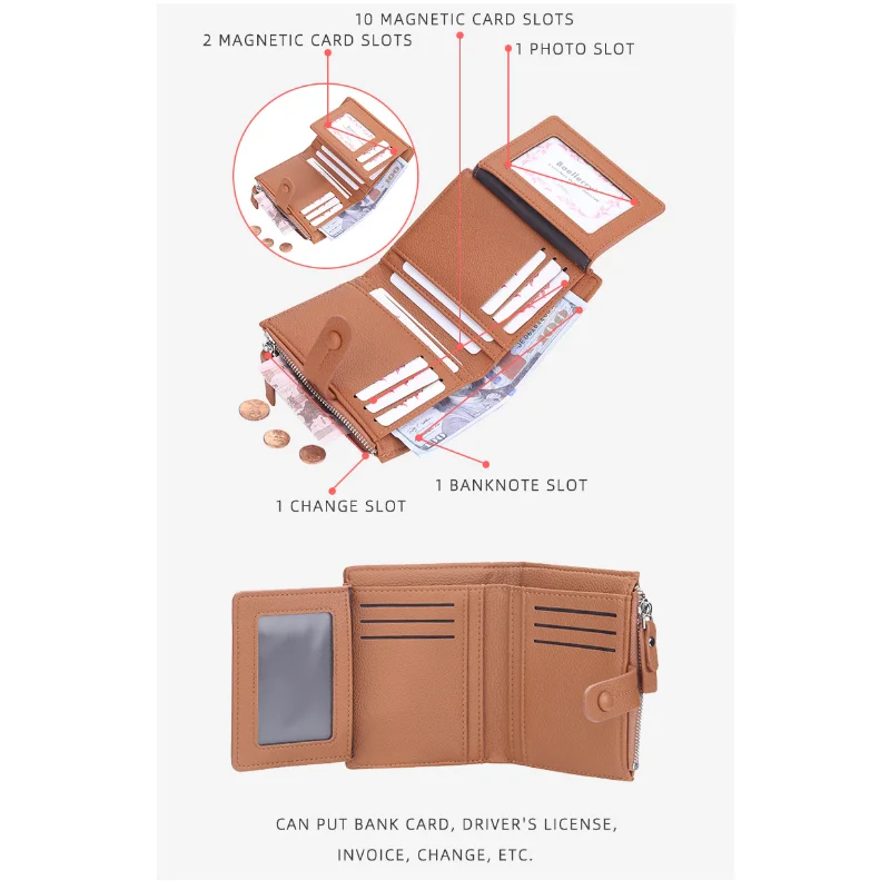 New Short Wallet Women's Tri-Fold Wallet Multi-Card Bags Leather Wallets Money Bag Credit Card Holders Zipper Buckle Coin Purses