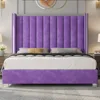 Queen Bed Frame with 58" Tall Headboard, Velvet Upholstered Platform Bed with Channel Tufted Wingback Headboard and Plating Trim 2
